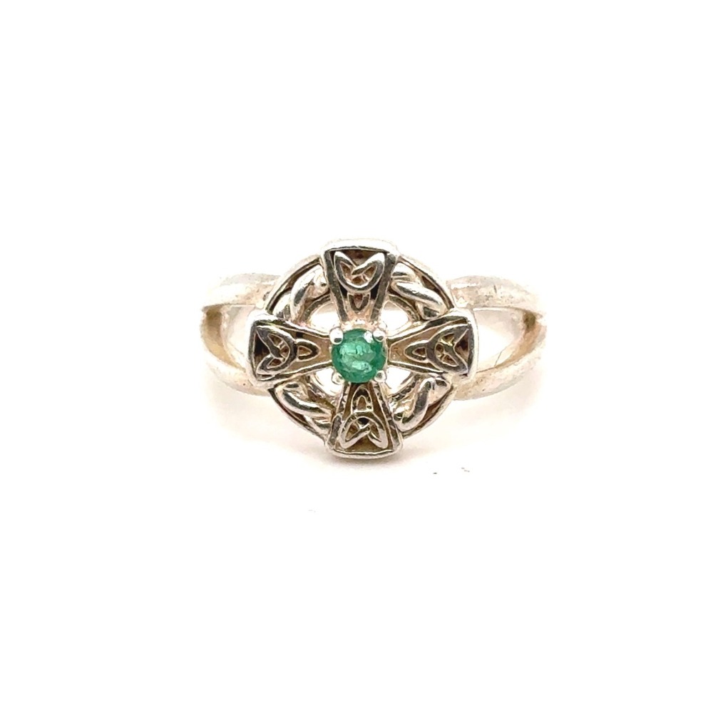 Sterling Silver Celtic Cross Ring Green Emerald Stone Size 7 925 Knotwork 4.8g